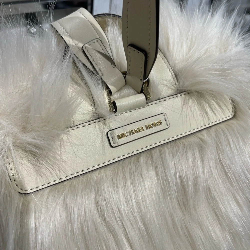 MICHAEL KORS Quinn Medium Flap Faux Fur Backpack Natural NWT Live Style